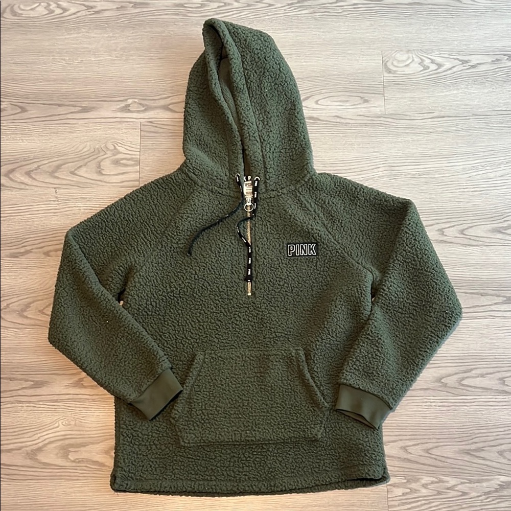PINK Olive Green Sherpa Hoodie